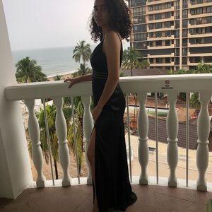 Black satin formal dress with split in front